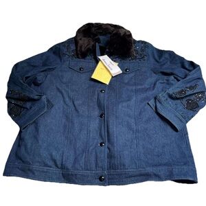Womens 1X New With Tags Dennis Basso Denim With Fur Beaded Jacket